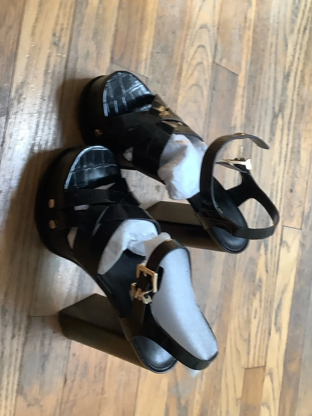 MICHAEL Michael Kors Black Platform Block Heel Sandals with Gold Buckle
